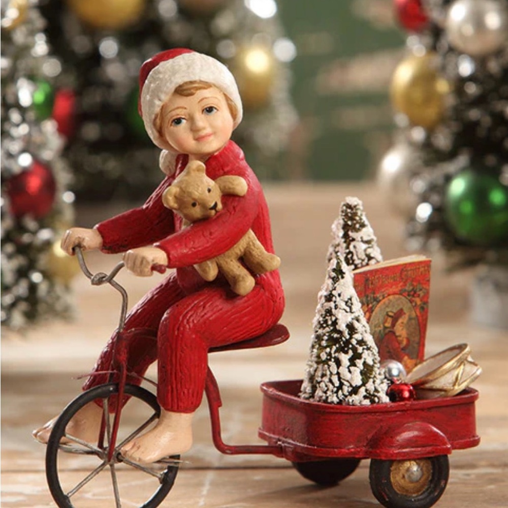 Bethany Lowe Peddling Charlie Holiday Figurine with Red Outfit and Tricycle